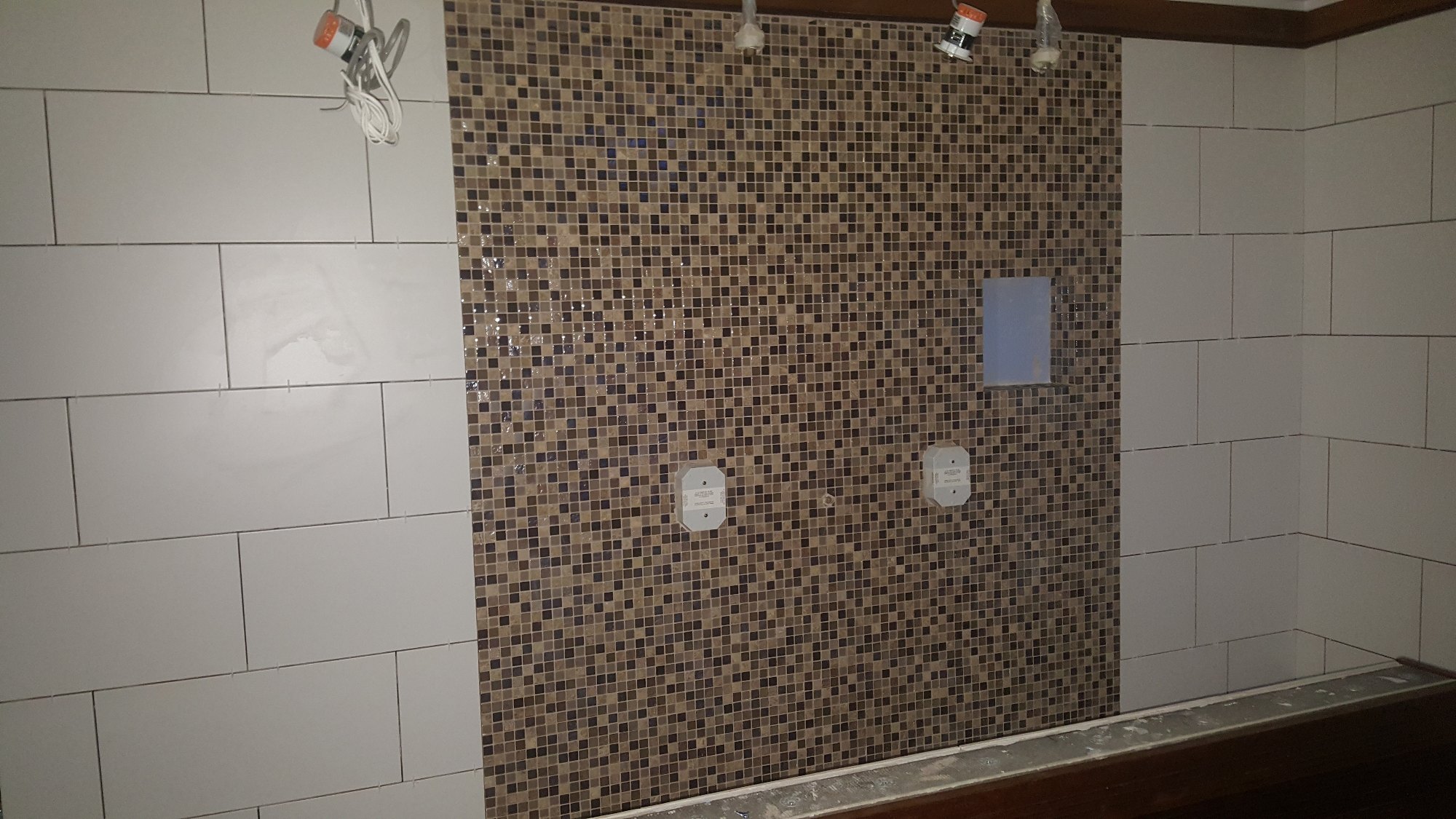 Decorative mosaic tiles were carefully installed to create a distinctive feature within the walk-in shower area.