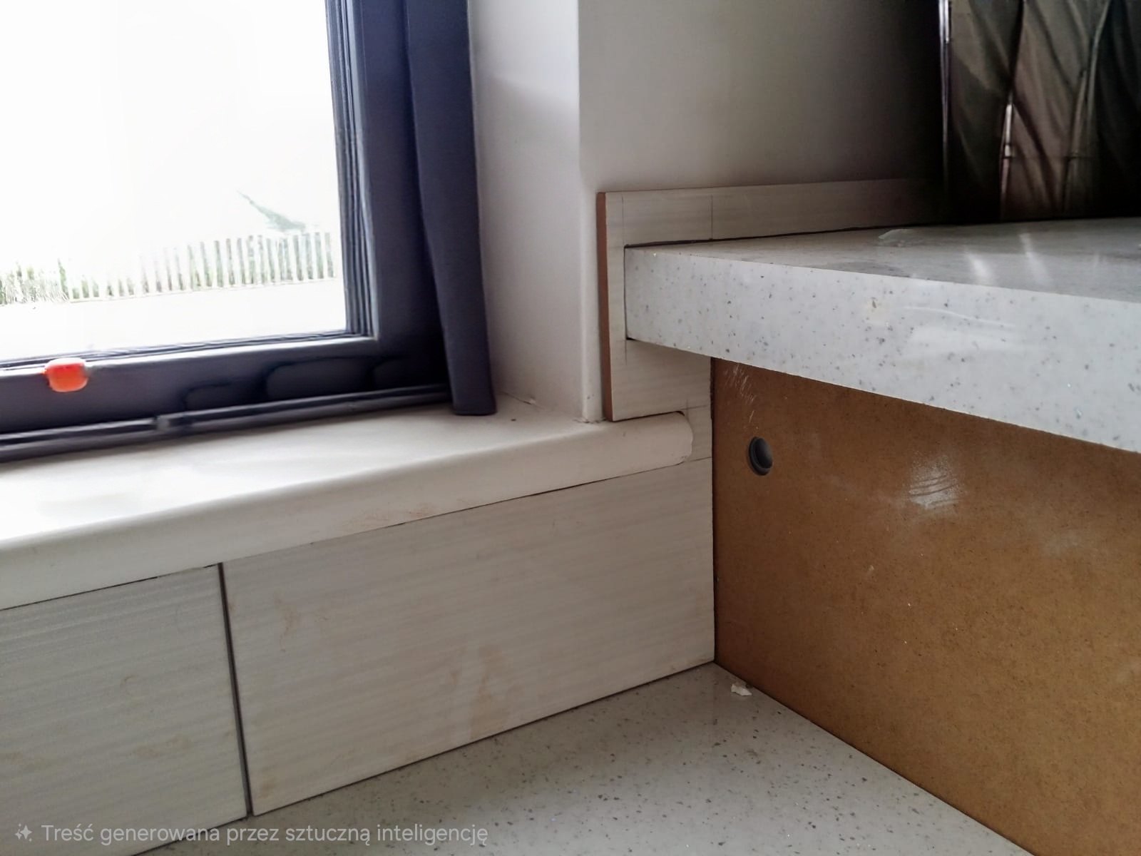 The prepared tiles were carefully installed around the worktop edge and window sill, creating neat and consistent joints.